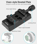 Vixen-style Dovetail Plate with Arca clamp and locking knob; Dovetail Adapter Plate With Clamp For Vixen Style Saddles, Arca Swiss Compatible Mount Base For Telescope OTA, Equatorial Tripod, And Sky Astrophotography Gear.