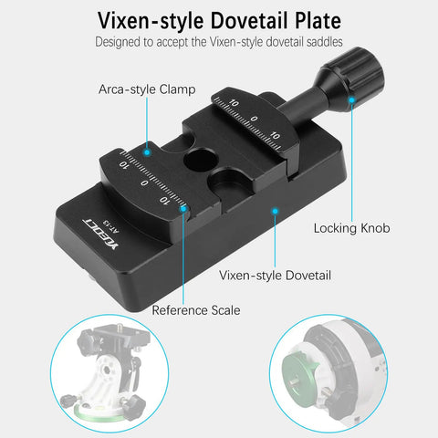 Vixen-style Dovetail Plate with Arca clamp and locking knob; Dovetail Adapter Plate With Clamp For Vixen Style Saddles, Arca Swiss Compatible Mount Base For Telescope OTA, Equatorial Tripod, And Sky Astrophotography Gear.