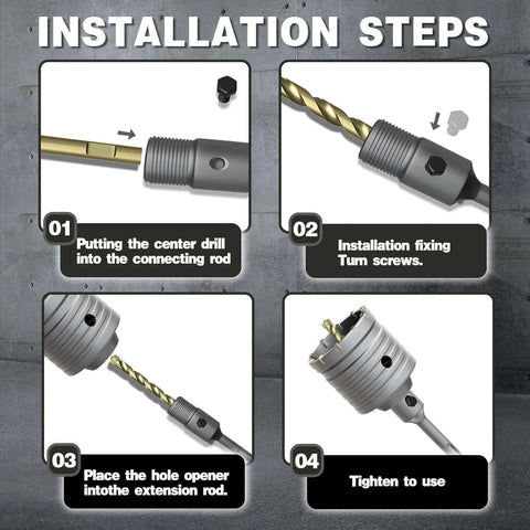 METOTY 4-inch concrete hole saw with 220mm SDS shank; four-step installation diagram.