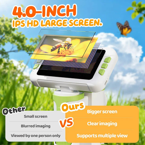 Kid Friendly 1600X Microscope With 4 Inch Digital Screen And 1080P Live View Slides Kit STEM Educational Science Toy, 4-inch screen