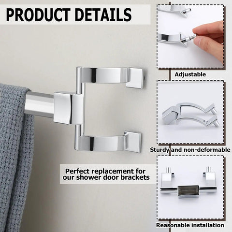 Solid Build Chrome Shower Door Handles And Towel Bar Brackets With 2 Inch Mount Holes And Full Hardware Kit For A No Sweat Bathroom Refresh Or Shower Door Replacement Job. Chrome adjustable towel bar bracket close-up.