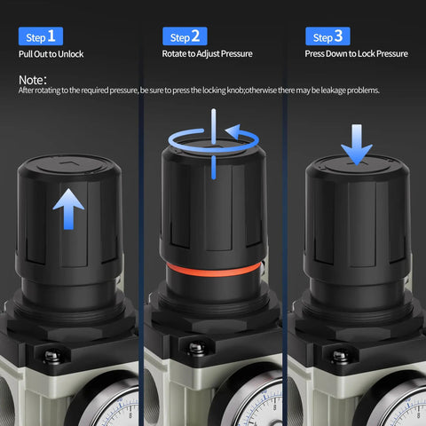 Adjustable pressure knob steps for Badass High Flow 3/4 Inch NPT Air Compressor Dryer System with coalescing filtration.