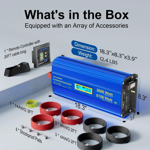 Powerful 3000W Pure Sine Wave Inverter For Off Grid Power 12V To 110V AC With 6100W Surge in box with accessories