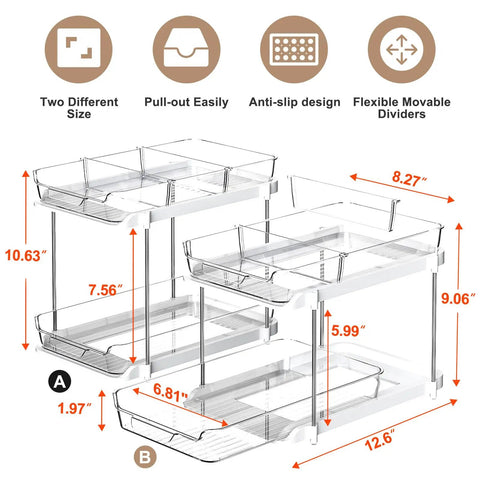 Super Handy Two Tier Under Sink Organizers And Bathroom Storage Solutions For Cabinets And Kitchen Pantries With Smooth Slide Out Drawers And Fully Adjustable Dividers In Bright White Two Pack shown with dimensions