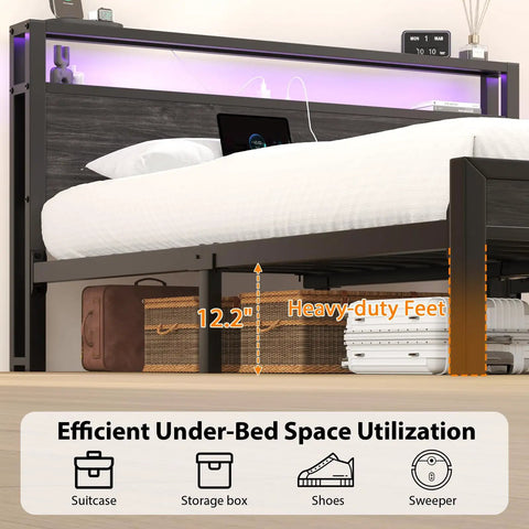 Queen Size Bed Frame With Built In Storage Headboard And Glow Up LED Lighting Featuring Dope Integrated Charging Hub With UL Certified Outlets Usb Type C Ports For Your Fresh Night Owl Bedroom Setup Black showing under-bed storage space and heavy-duty feet.
