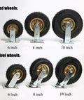 Kick Some Serious Weight With These Heavy Duty Swivel Caster Wheels Featuring Flat Free Solid Rubber Build Steel Hub And Precision Ball Bearings For Smooth Silent Glide And Rock Solid Reliability On Any Floor Or Cart Setup Easy Peasy 6 inch and 8 inch fixed and swivel wheels with solid rubber tires.