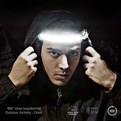 Person wearing Orbit 2026 Work Edition Headlamp with 210 degree wide beam and 60 degree spotlight for full field vision.