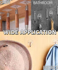 Image showing 24 Pack Heavy Duty Self Adhesive Hooks Transparent Reusable Waterproof Wall Hangers holding items in kitchen, bathroom, bedroom.