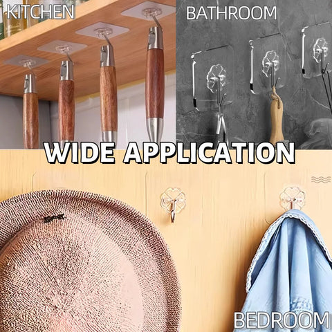 Image showing 24 Pack Heavy Duty Self Adhesive Hooks Transparent Reusable Waterproof Wall Hangers holding items in kitchen, bathroom, bedroom.