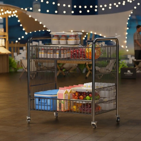 Heavy Duty Workhorse Two Tier Rolling Cart With Reinforced Wrought Iron Grid Shelves And Seamless Four Way Swivel Casters For No Hassle Storage Or Casual Serving In Polished White filled with food containers and boxes.