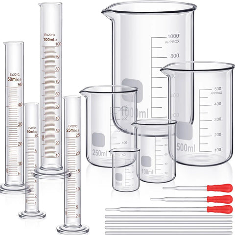 Thick Wall Beaker And Graduated Cylinder Set For Science Lab Includes 5 Beakers 4 Measuring Cylinders 3 Droppers 4 Stirring Rods 7.9 Inch Rods A User Friendly Lab Gear Classroom Chemistry Kit For Easy Experiments And Learning displayed in a complete set