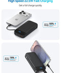 Ride Or Die Portable Charger With 32000Mah Capacity And Built In Cables Featuring Usb C Fast Charging For Phones Tablets All Day Juice Hardcore Build Quality charging iPhone 17 and Samsung S25 with fast charge display.