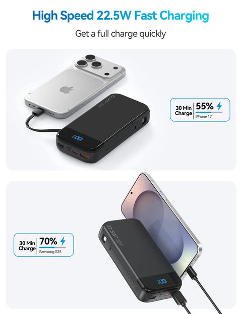 Ride Or Die Portable Charger With 32000Mah Capacity And Built In Cables Featuring Usb C Fast Charging For Phones Tablets All Day Juice Hardcore Build Quality charging iPhone 17 and Samsung S25 with fast charge display.