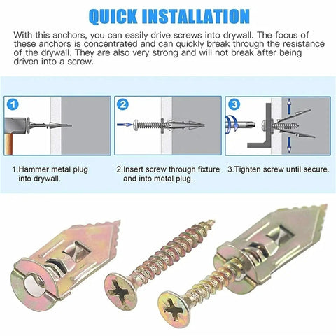 Self Tapping Screws And Drywall Anchors Kit For Plasterboard 100 Or 200 Pcs Heavy Duty Yellow Zinc Plated Carbon Steel Rust Resistant No Prep Self Drilling Install For Fast Secure Wall Mounts, metal drywall anchors and screws