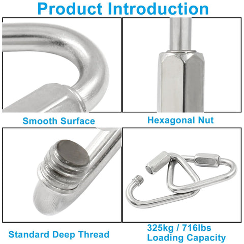 Close-up of four pack 316 stainless steel triangle locking quick connectors with hexagonal nut and deep thread features, 716lbs capacity.
