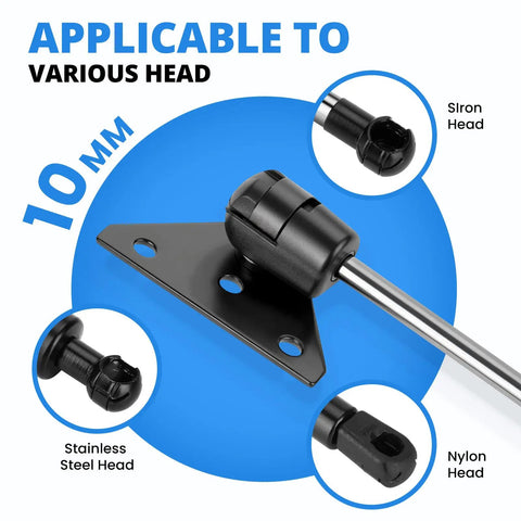 10mm Ball Stud Mounting Bracket Kit For Gas Shock Strut Prop Lift Support, illustrates varied head compatibility options.