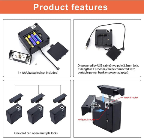 Smart RFID Cabinet Lock With NFC Drawer Locks And Hidden Card Access for Wood Cabinets and Furniture, battery and USB options visible