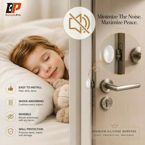 Sleeping child next to a door with Clear Cabinet Door Bumpers Three Eighths Inch Self Adhesive Rubber Cushions To Stop Slams