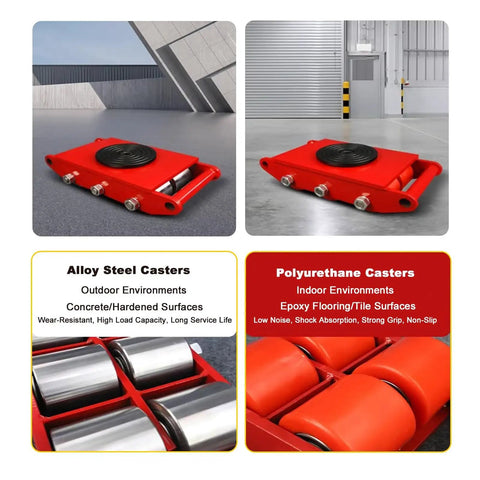 Heavy Duty Machinery Skates With Bulletproof Steel Wheels Shop Rig Hauler For Factory Gear Swapping red alloy steel casters on concrete floor.