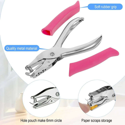 16 Pack Handheld Hole Punchers With Soft Grip 1 Quarter Inch Circle Punch for craft paper, featuring quality metal and pink rubber grip