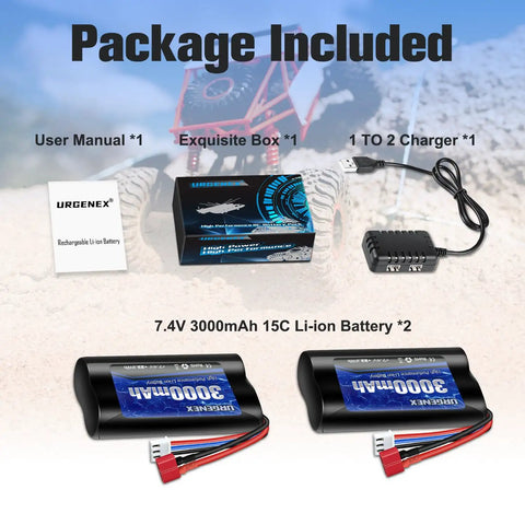 Package components of 7.4V 3000mAh High Capacity Li ion RC Battery With Dean Style T Plug, charger, manual, and box displayed.
