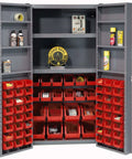 Deep Door Bin Cabinet With 68 Red Plastic Bins Padlockable Steel Cabinet For Tool And Parts Storage Large 38x24x72 Inches