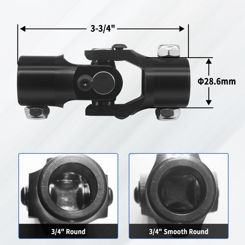 Heavy Duty Three Quarter Inch Round To Three Quarter Inch Round Universal Joint Steering Shaft Black Steel Coupling, 3.75 inch