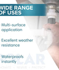 Hand applying TapeSeal Clear 4 Inch By 5 Foot Rubberised Waterproof Tape to plumbing pipe for leak protection, multi-surface use.