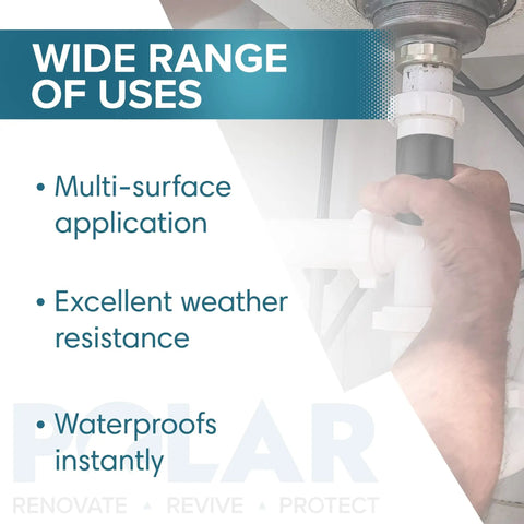 Hand applying TapeSeal Clear 4 Inch By 5 Foot Rubberised Waterproof Tape to plumbing pipe for leak protection, multi-surface use.