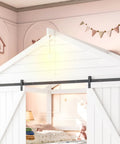 Kid Approved Full Size Floor Bed Frame With Sliding Barn Door And Built In Soft Glow Light showing barn door design and soft glow light.