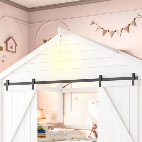 Kid Approved Full Size Floor Bed Frame With Sliding Barn Door And Built In Soft Glow Light showing barn door design and soft glow light.
