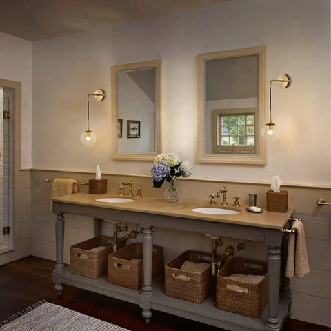 Dope Modern Glass Globe Wall Sconce Set Of Two With Adjustable Cord Brass Finish in elegant bathroom setup