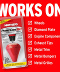 Packaging of PowerCone 360 Polishing Tool With Quick Swap Bit displayed against red background with usage list for metal surfaces.