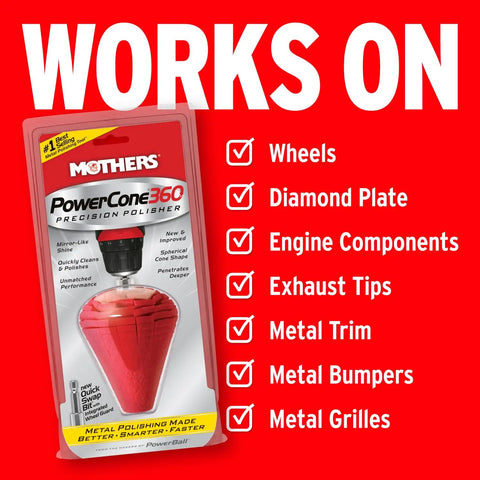 Packaging of PowerCone 360 Polishing Tool With Quick Swap Bit displayed against red background with usage list for metal surfaces.
