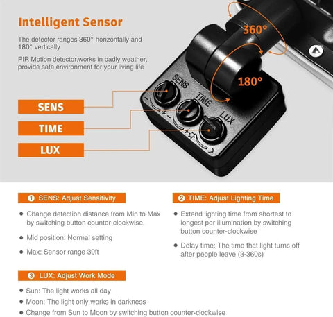 Close-up of the controls for the 50W Led Security Light with Motion Sensor, Pir Flood Light Ip67 Waterp, featuring Sens, Time, and Lux settings.