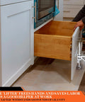 Two-piece silver labor-saving arm jack attached to a white kitchen cabinet door