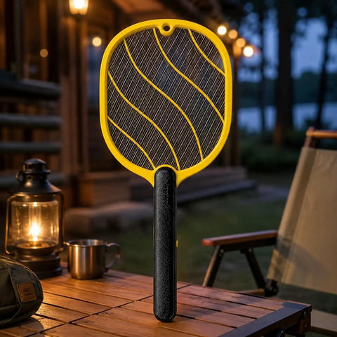 Next Level Handheld Bug Zapper Racket with Batteries Included on outdoor table, safe three layer mesh visible.