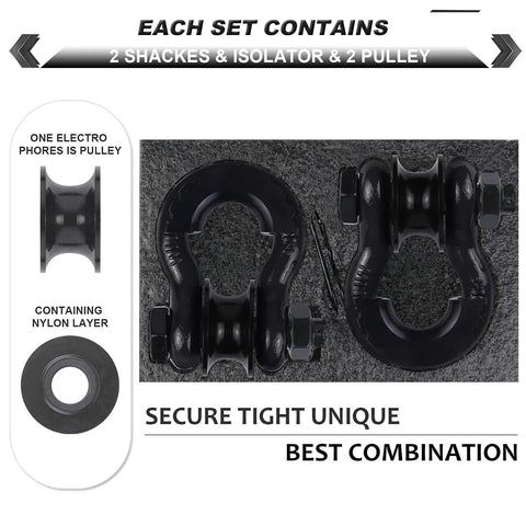 Upgraded Snatch Block Three Quarters Inch D Ring Shackle 2 Pack With Towing Pulley, showing two shackles and pulley
