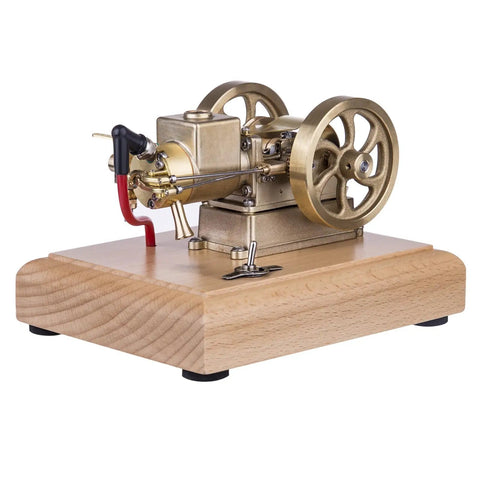Dope Little 1.6cc Metal Adjustable Speed Micro Horizontal Water Cooled 4-Stroke Gasoline Engine With Wooden Base for STEM Education and Science Demos Today, brass engine on wood base