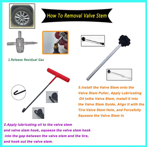 Image showing the Tire Valve Stem Removal And Core Replacement Tool Kit For Cars Trucks ATVs Motorcycles And Lawn Mowers Quick Change Set with tools and instructions for use.