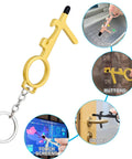 Gold Eight Piece No Touch Door Opener Tool With Stylus Keychain Reusable Multifunction Button Pusher And Bottle Opener shown in use.