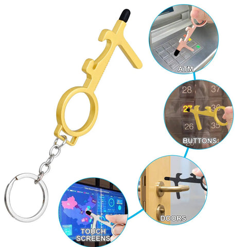 Gold Eight Piece No Touch Door Opener Tool With Stylus Keychain Reusable Multifunction Button Pusher And Bottle Opener shown in use.