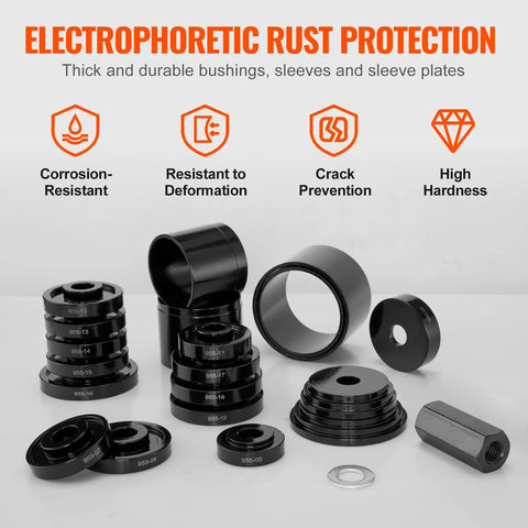 Front Wheel Drive Bearing Press Kit 23 Piece Bearing Puller Set with rust-resistant bushings, sleeves, plates for cars and trucks.