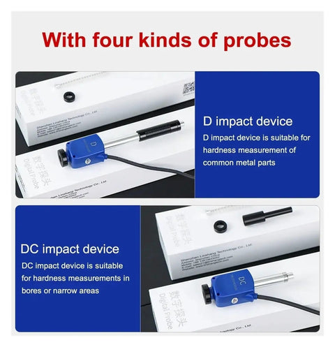 Heavy Duty Wireless Leeb Hardness Tester With Slick App Control And Built In Printer For Steel Testing showing D and DC impact devices for metal.
