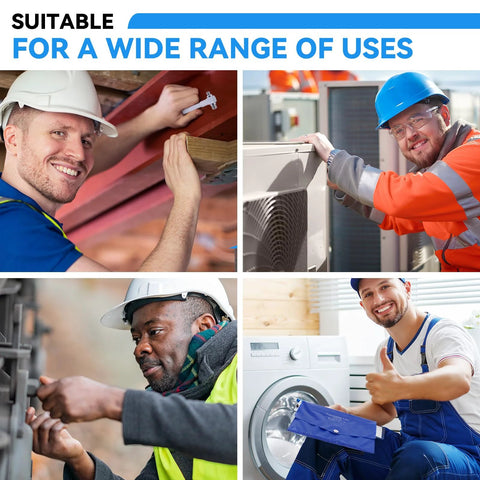 Collage of four tradespeople in hard hats performing carpentry, HVAC service, equipment maintenance, and appliance repair.