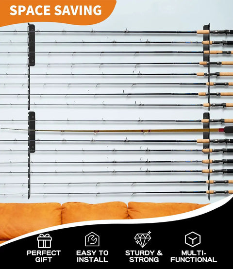 Side view of ceiling mounted fishing rod rack holds up to 16 rods, adjustable spacing for vertical or horizontal storage