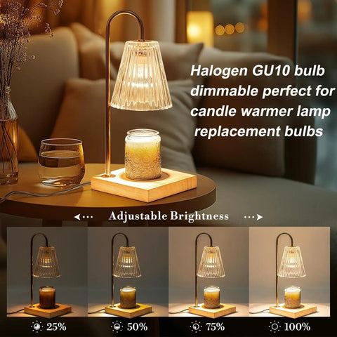 GU10 Halogen Bulb dimmable table lamp with adjustable brightness and candle, showcasing 50W 120V warm white glow settings.