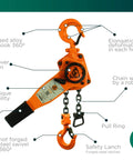 Lever Hoist 360 Degree Manual Ratchet Chain Puller With 1650 Lbs Capacity shown with swivel hook and safety latch.