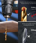amoolo 1/8 hex shank drill bit set, 10 titanium HSS twist bits for metal/wood/plastic; front collage with drill chuck