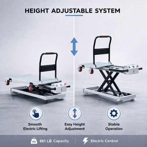 Heavy Duty Electric Hydraulic Lift Table Cart With 660 Lb Capacity And No Sweat Rolling Wheels Featuring Adjustable Sliding Rails And A Grippy Antislip Platform